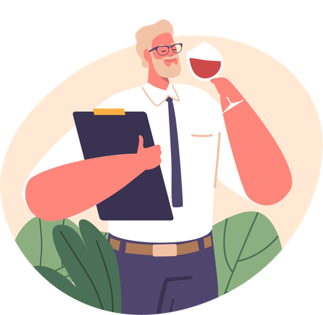Discerning Sommelier Character Tasting a Rich Red Wine In A Lush Vineyard  Illustration