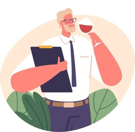 Discerning Sommelier Character Tasting a Rich Red Wine In A Lush Vineyard  Illustration