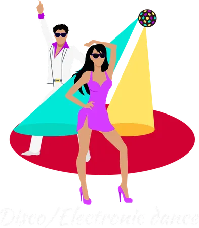 Disco And Electronic Dance Concept Flat Design Party And Dancer Couple And Entertainment Event Fashion Music Nightlife And Popular Leisure Illustration Illustration