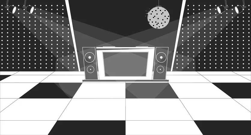 Disco Club Dancefloor Black And White Line Illustration 80 S Style Musical Party Dj Set In Club Vintage Nightclub 2 D Interior Monochrome Background Discotheque Outline Scene Vector Image Illustration