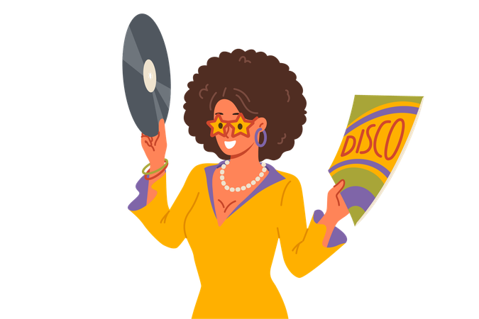 Disco woman holds vinyl record and invites you to retro holiday party with opportunity to dance  Illustration