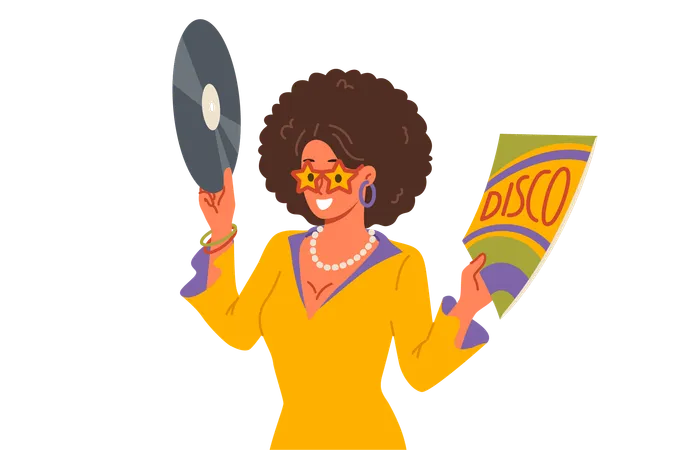 Disco woman holds vinyl record and invites you to retro holiday party with opportunity to dance  Illustration