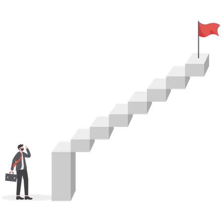 Discouraged businessman looking at high steep first step of success stairway  Illustration