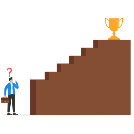 Discouraged businessman looking at high steep first step of success stairway  Illustration