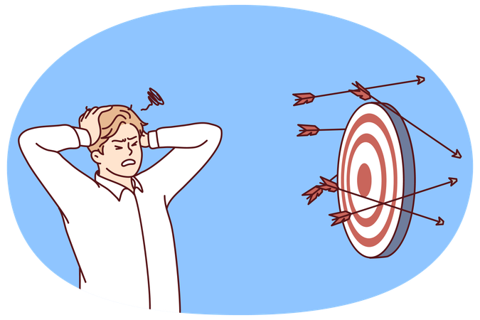 Discouraged man clutching head near darts board after failed attempts to hit target  Illustration