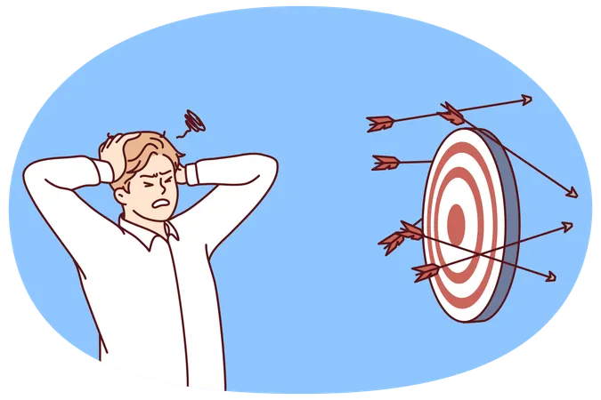 Discouraged man clutching head near darts board after failed attempts to hit target  Illustration