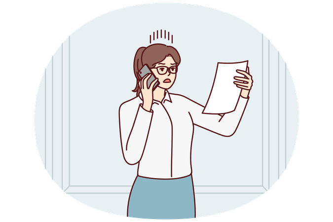 Discouraged woman in business attire with phone reading document and nervous about  Illustration