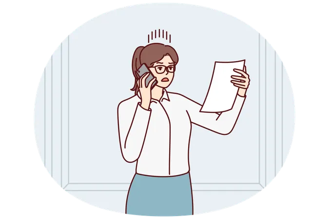 Discouraged woman in business attire with phone reading document and nervous about  Illustration