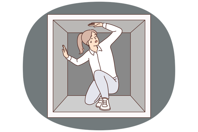 Discouraged woman is trapped sitting in small box experiencing claustrophobia and repressed emotions  Illustration