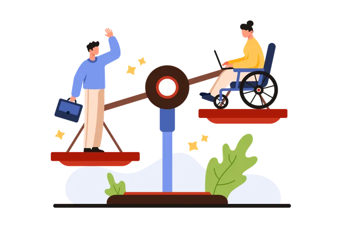 Discrimination Ableism Bias In Society And HR Company Management Against Office Employee With Disability Tiny Woman In Wheelchair Man With Briefcase Standing On Scales Cartoon Vector Illustration Illustration
