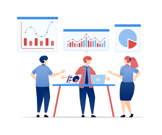 Discusión de gráficos financieros para la planificación estratégica y objetivos futuros  Ilustración