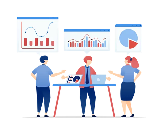 Discusión de gráficos financieros para la planificación estratégica y objetivos futuros  Ilustración