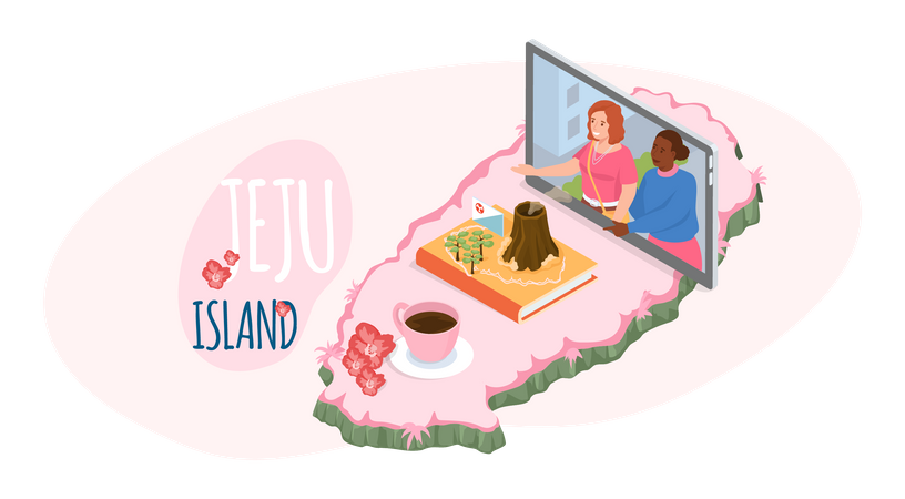 Discussion de femmes sur les vacances à Jeju lors d'un appel vidéo  Illustration
