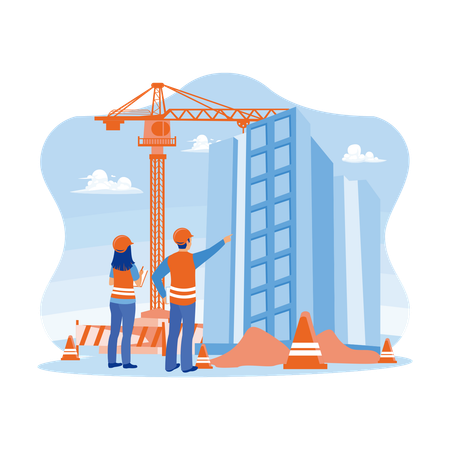 Discussion Of Construction Engineers And Architects On Construction Sites  Illustration