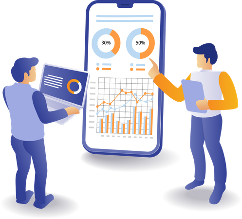 Discussion team analyzing business data  Illustration