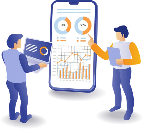 Discussion team analyzing business data  Illustration