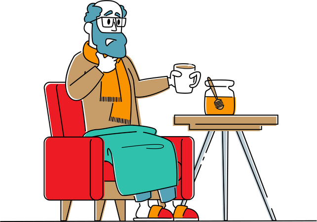 Diseased Sad Man Sitting in Armchair Drinking Hot Beverage  Illustration