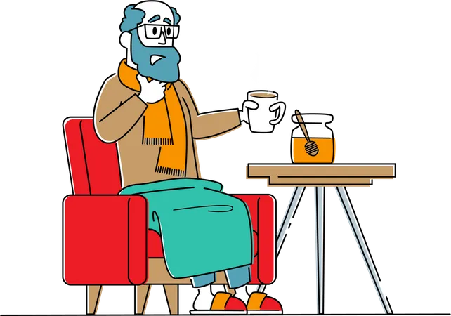 Diseased Sad Man Sitting in Armchair Drinking Hot Beverage  Illustration