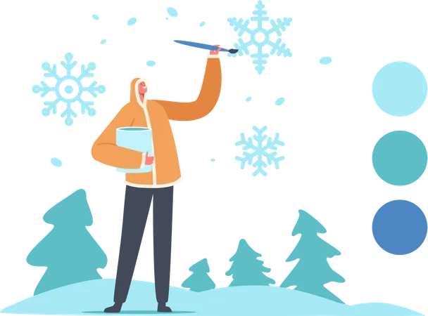 Artista diseñador masculino con ropa cálida de invierno pintando copos de nieve  Ilustración