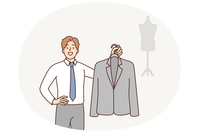 Diseñador de moda masculino sosteniendo un traje de negocios en una percha mientras brinda servicios de sastrería  Ilustración