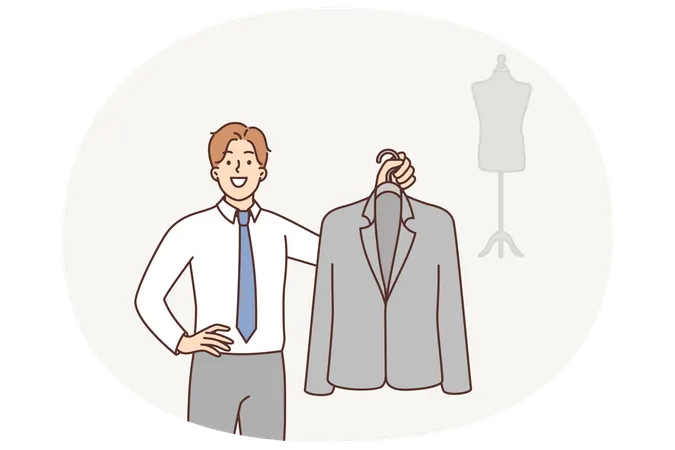Diseñador de moda masculino sosteniendo un traje de negocios en una percha mientras brinda servicios de sastrería  Ilustración