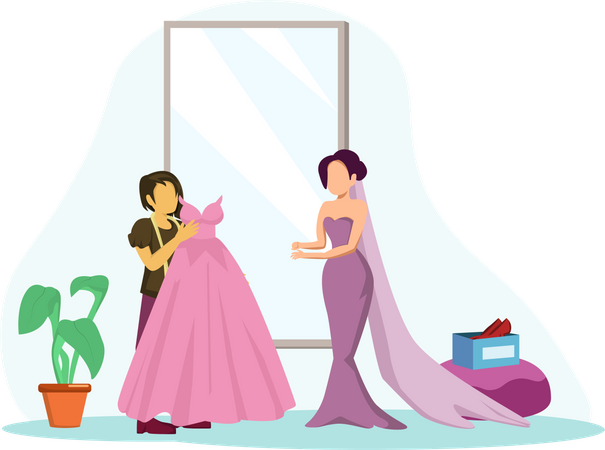 Diseñadora de moda confeccionando vestido de novia  Ilustración