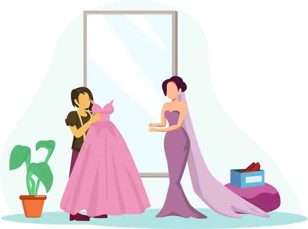 Diseñadora de moda confeccionando vestido de novia  Ilustración