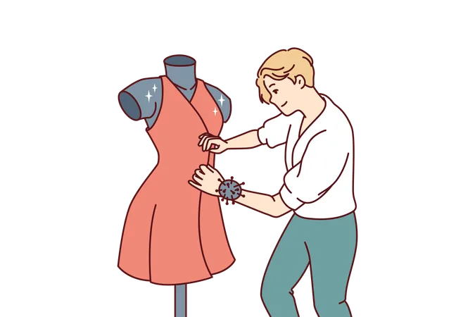 Hombre diseñador de moda cose vestido fijado en maniquí preparando traje de mujer para la semana de alta costura  Ilustración