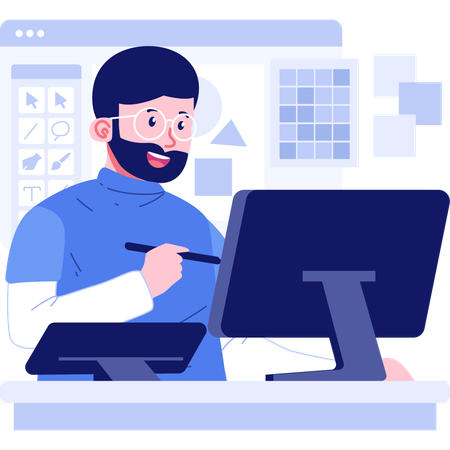 Diseñador gráfico trabajando en computadora  Ilustración