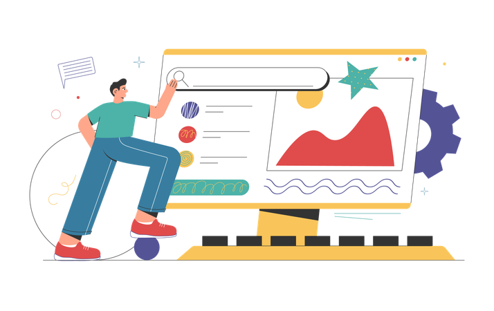 Diseñador web masculino desarrollando diseño de sitio web cerca del monitor de la computadora  Ilustración