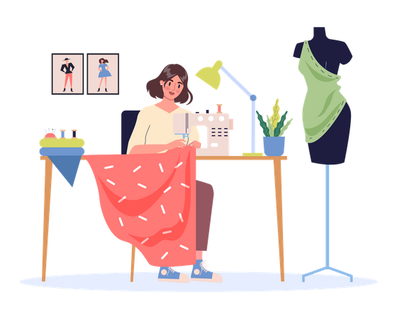 Diseñadora de moda femenina en su lugar de trabajo  Ilustración