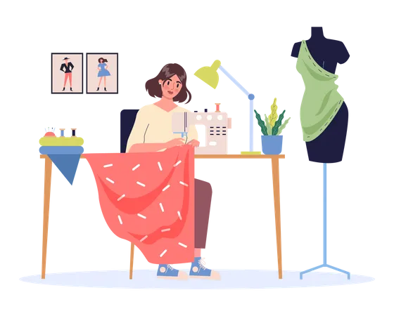 Diseñadora de moda femenina en su lugar de trabajo  Ilustración