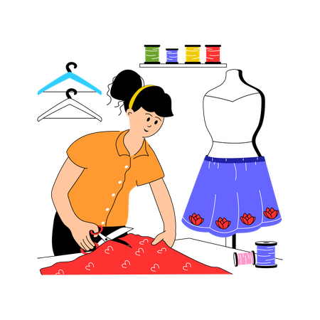 Diseñadora de moda femenina trabajando en el diseño de un vestido  Ilustración