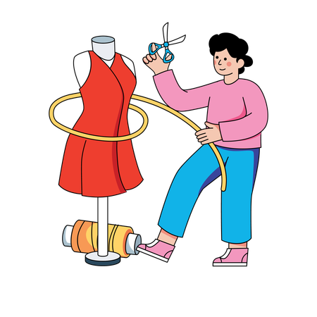 Diseñadora de moda femenina trabajando en un nuevo vestido  Ilustración