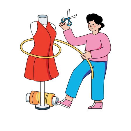 Diseñadora de moda femenina trabajando en un nuevo vestido  Ilustración