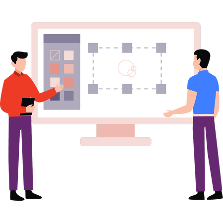 Los diseñadores están discutiendo el plan gráfico.  Ilustración