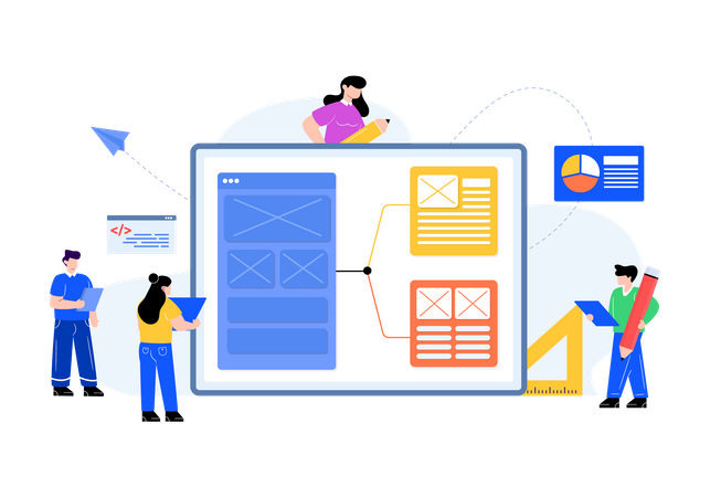 Diseñadores haciendo prototipo de sitio web.  Ilustración
