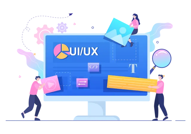 Diseñadores que trabajan en el diseño ui-ux de sitios web.  Ilustración