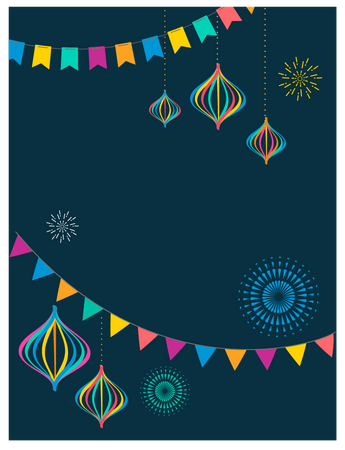 Diseño de carteles de fiesta con banderas, decoraciones y pancartas promocionales.  Ilustración