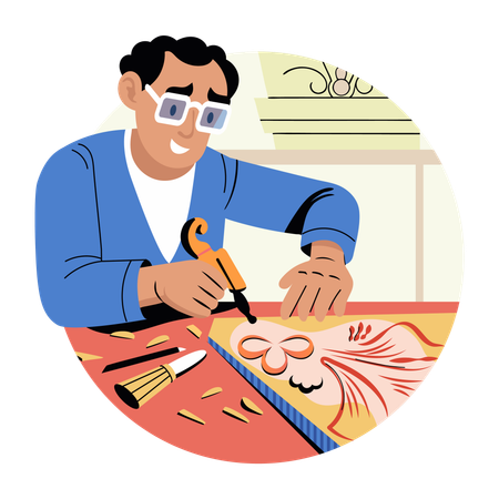 Diseño de creación de personajes con técnica de tallado en madera.  Ilustración