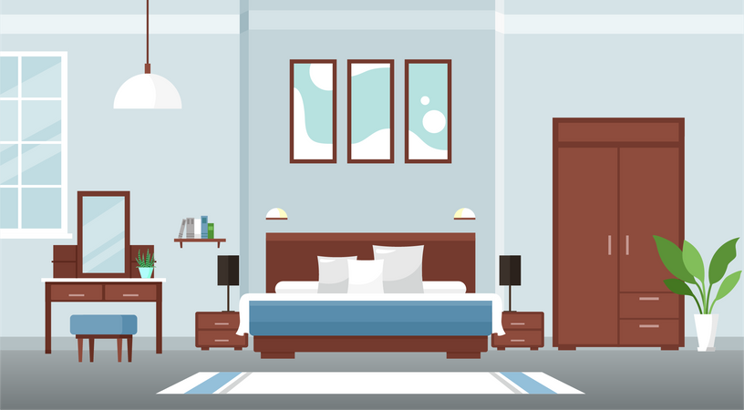 Diseño de interiores de dormitorio.  Ilustración