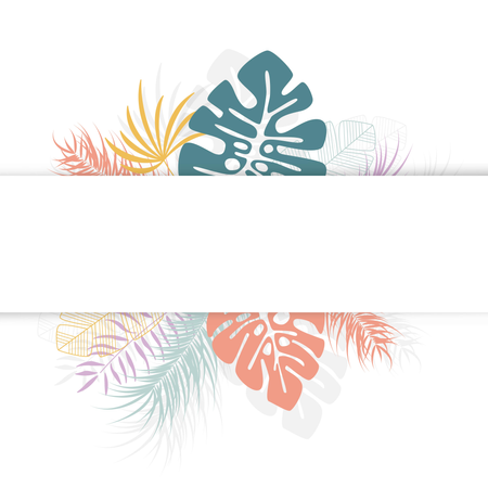 Diseño tropical con coloridas hojas de palmeras y plantas sobre fondo blanco con lugar para texto  Ilustración