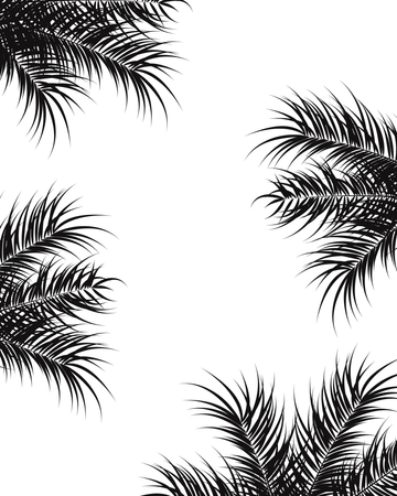 Diseño tropical con hojas de palma negras y plantas sobre fondo blanco.  Ilustración