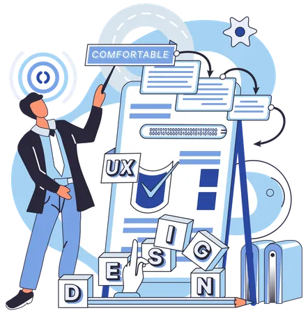 Metáfora del diseño UX. Diseñar software, una forma de arte donde la interfaz de usuario cobra protagonismo. Interfaz de usuario, punto de contacto.  Ilustración