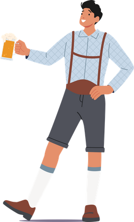 Hombre usa traje bávaro sostiene una jarra de cerveza en la mano  Ilustración