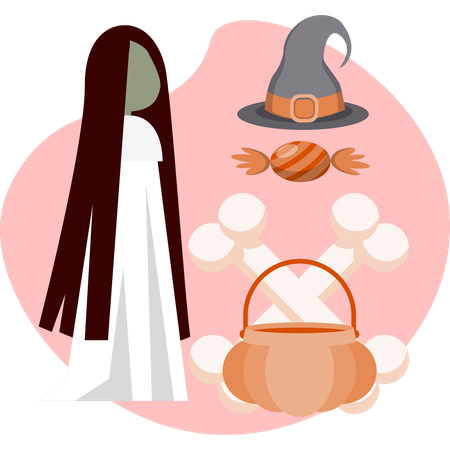 Disfraz de bruja de Halloween exhibido con un sombrero de bruja de calabaza y artículos temáticos variados para decoración festiva.  Ilustración