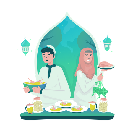 Disfrutando de la comida del Eid  Ilustración