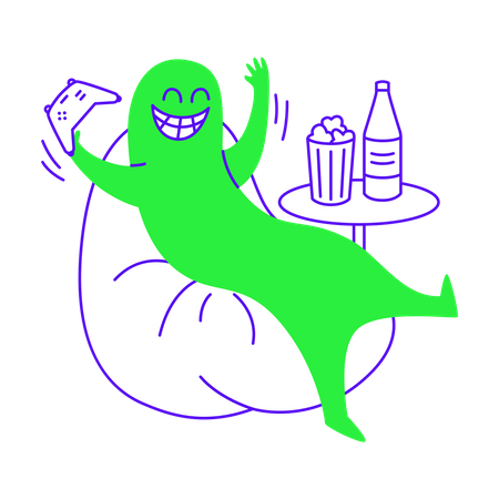 Disfrutar de un juego de computadora mientras toma refrigerios  Ilustración