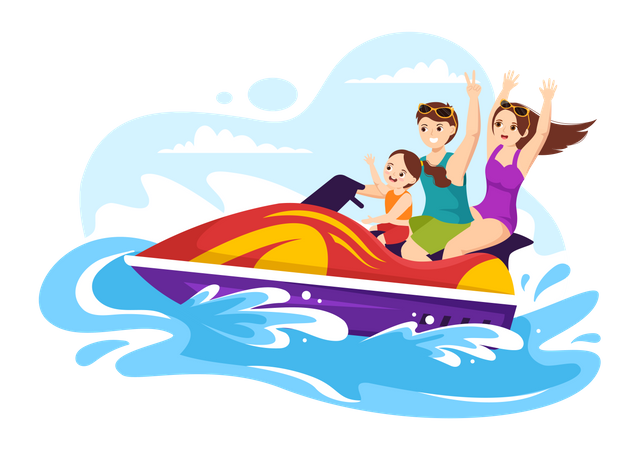 Familia disfruta del paseo en moto de agua  Ilustración