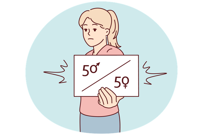 Disgruntled girl shows sign calling for equal number of men and women in companies  Illustration